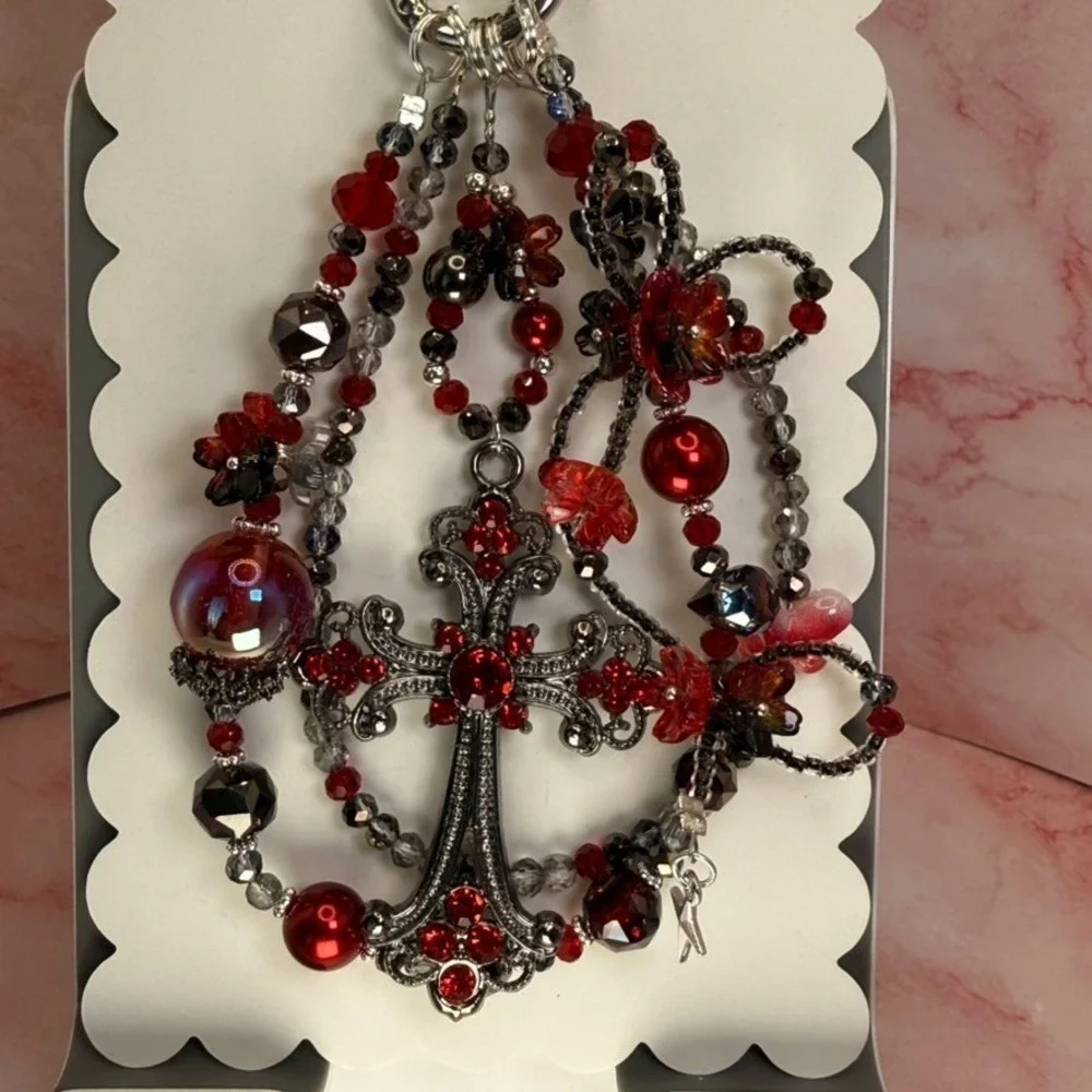 Cross Gunmetal Red Crystal Beaded Baroque Phone Wristlet Bag Charm Keychain